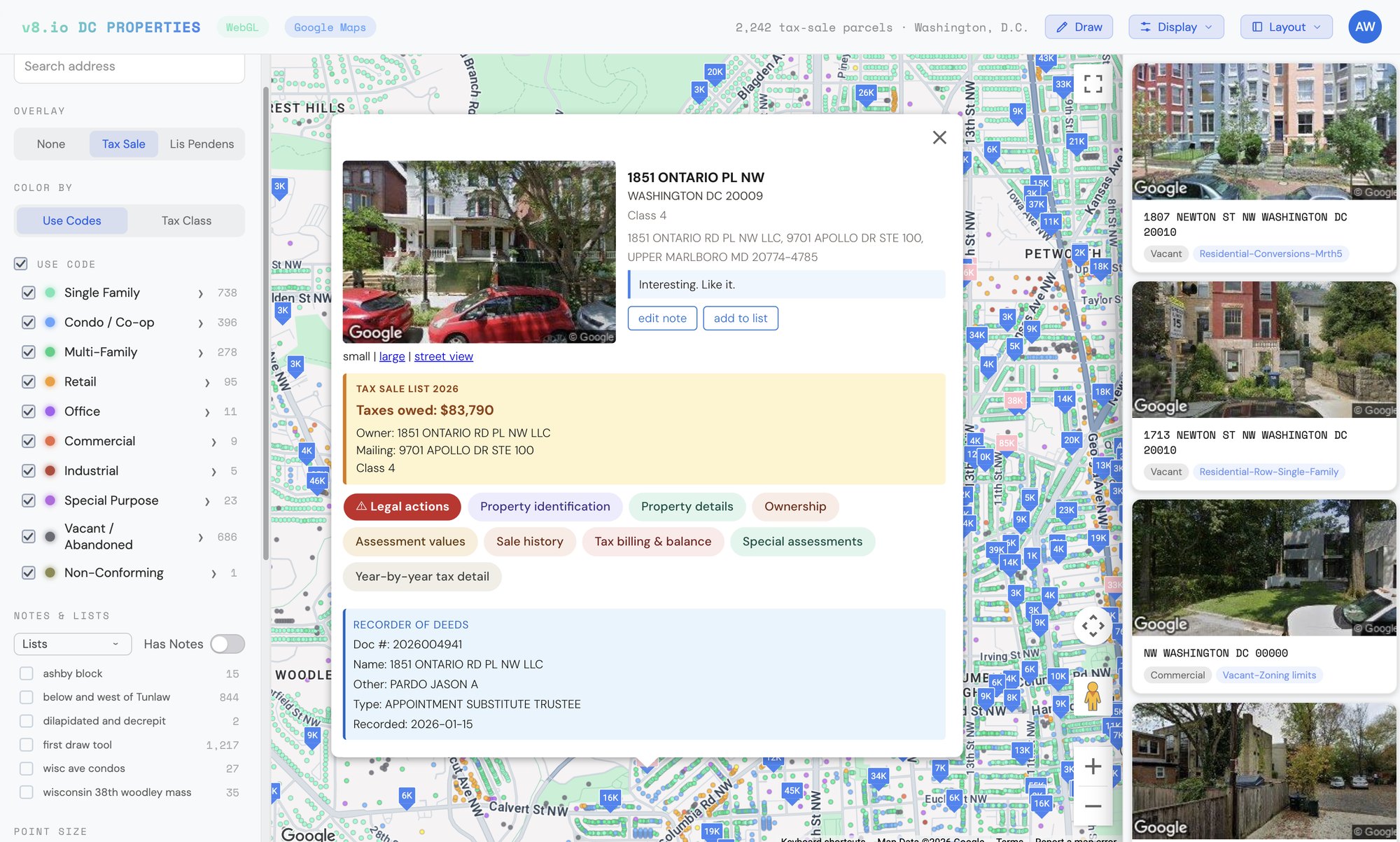 The v8.io DC Properties map: thousands of color-coded parcels across the District with a property record open, showing Street View, the 2026 tax-sale balance, expandable record sections, and Recorder of Deeds filings.